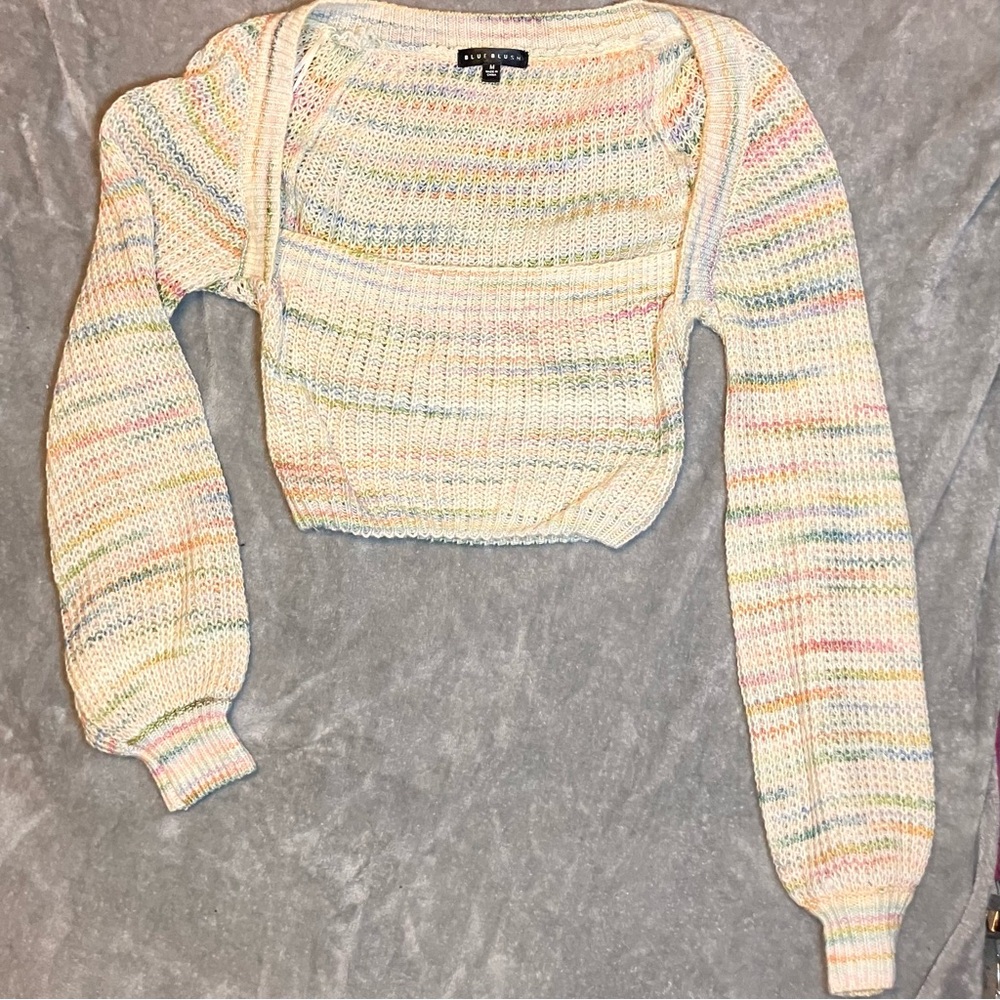 Blue Blush Multicolor Crochet Knit Crop Sweater Square Neck M Boho Artsy Soft
